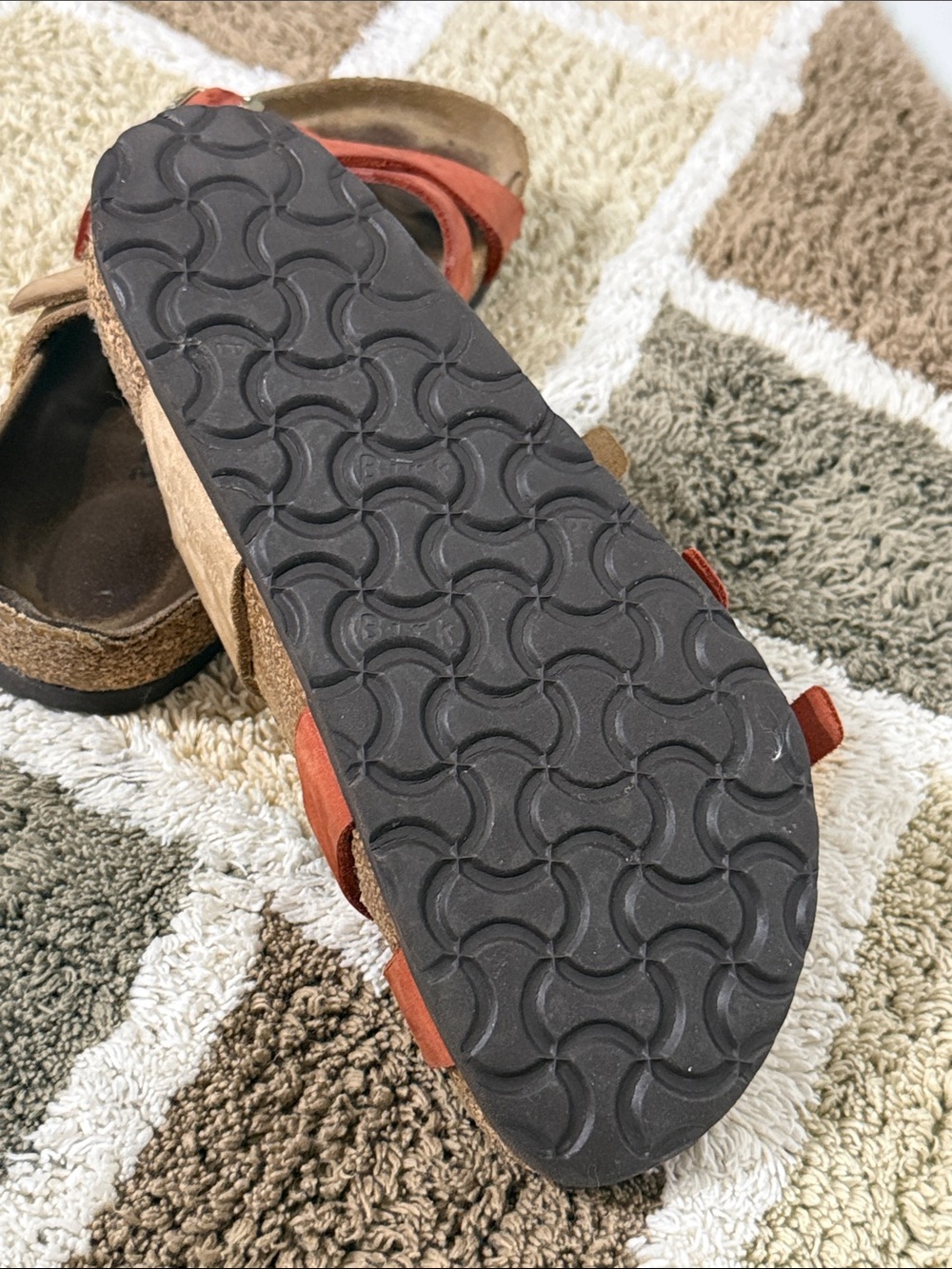 Birkenstock Two-Tone Red and Tan Cross-Strap Leather Slide Sandals - Picture 4 of 4